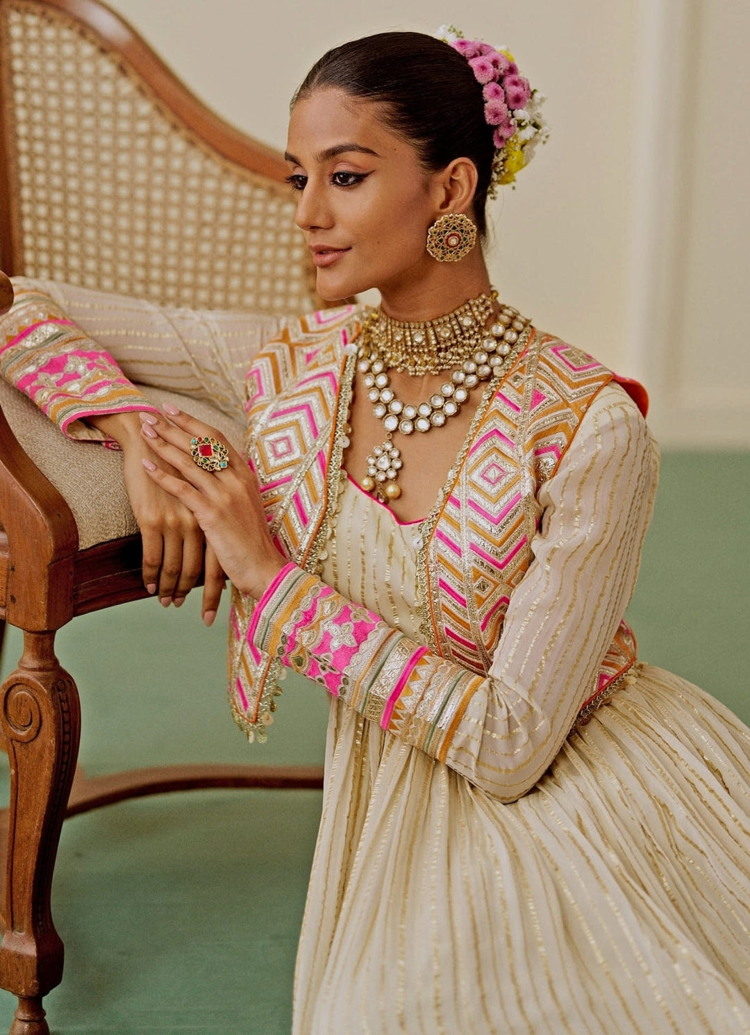 Gopi Vaid Ivory Organza Anarkali Set With JacketFabilicious Fashion