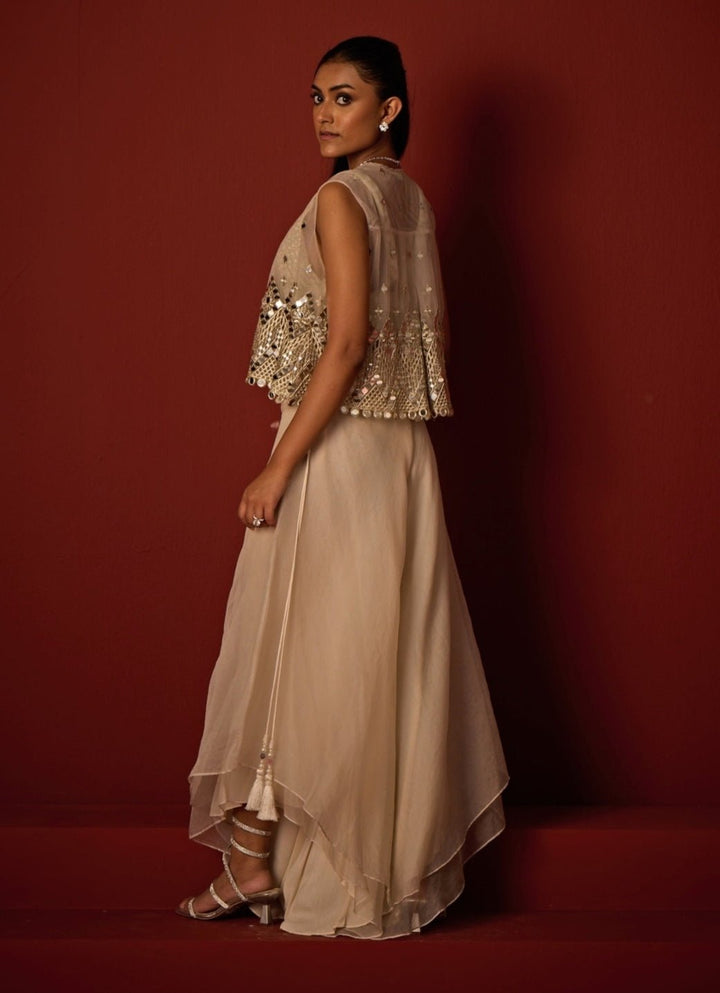 Ivory Organza Flared Pants With Asymmetric Mirror Jacket Twenty Nine - Fabilicious Fashion