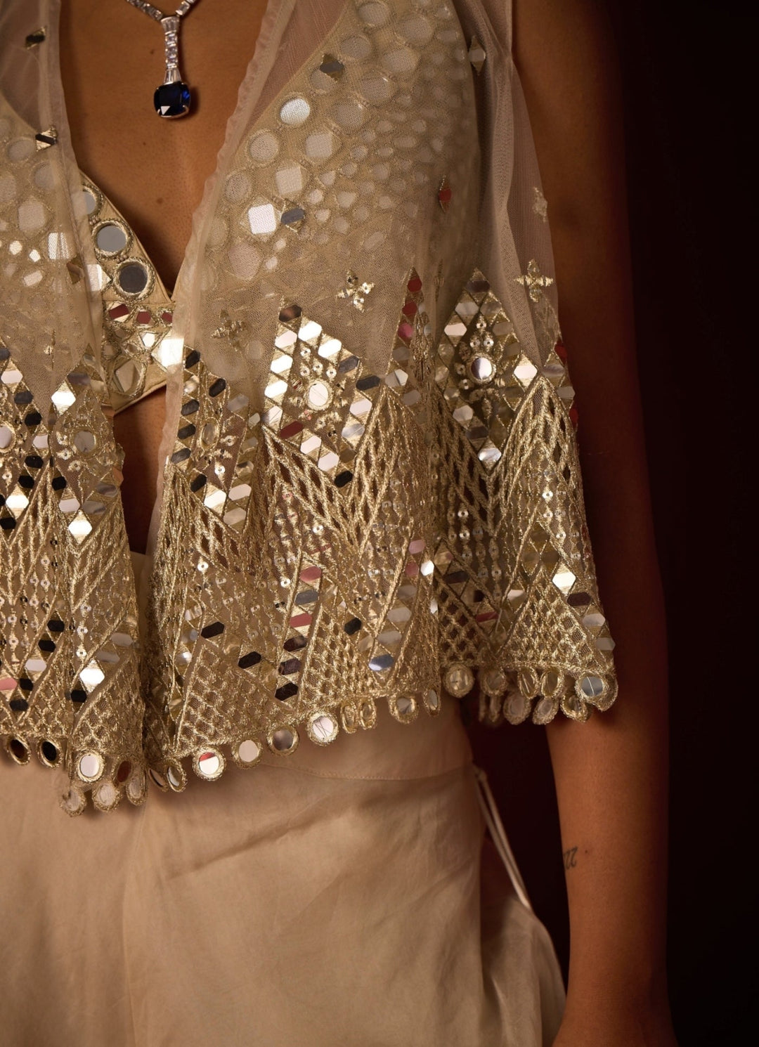 Ivory Organza Flared Pants With Asymmetric Mirror Jacket Twenty Nine - Fabilicious Fashion