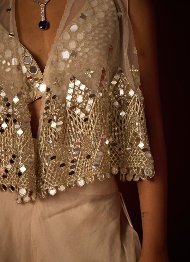 Ivory Organza Flared Pants With Asymmetric Mirror Jacket Twenty Nine - Fabilicious Fashion