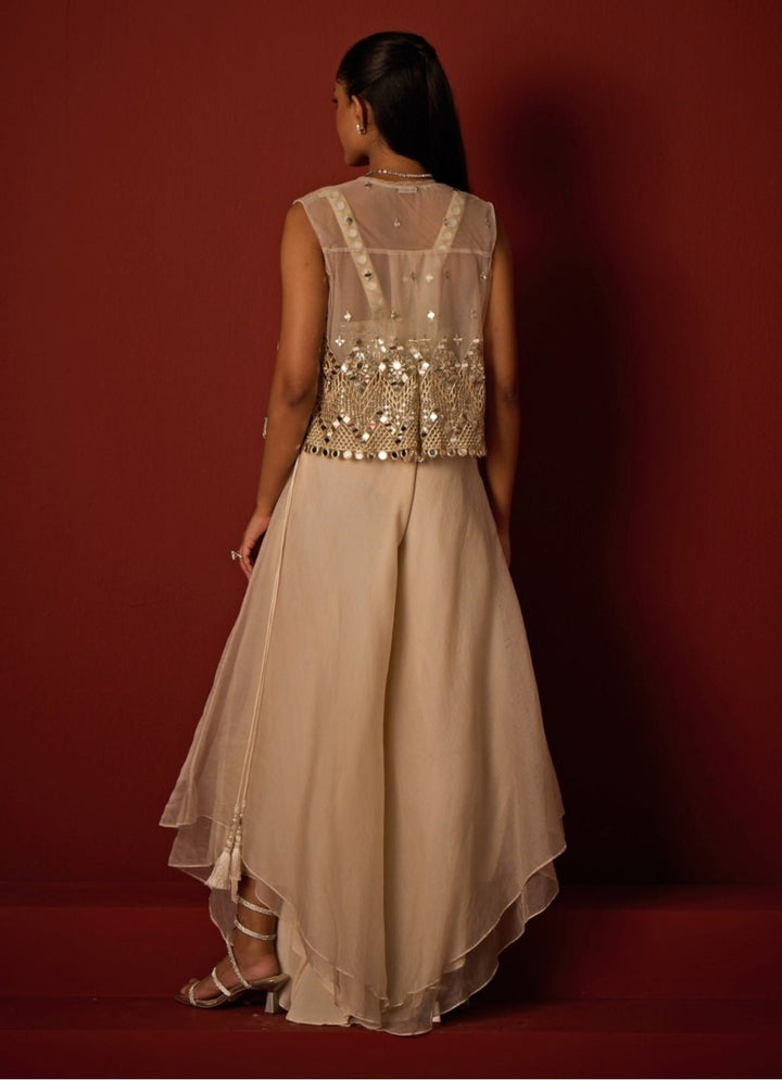 Ivory Organza Flared Pants With Asymmetric Mirror Jacket Twenty Nine - Fabilicious Fashion