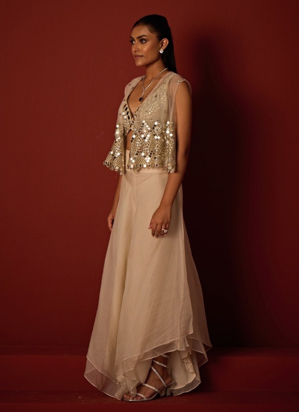 Ivory Organza Flared Pants With Asymmetric Mirror Jacket Twenty Nine - Fabilicious Fashion