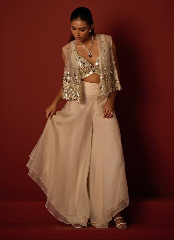 Ivory Organza Flared Pants With Asymmetric Mirror Jacket Twenty Nine - Fabilicious Fashion