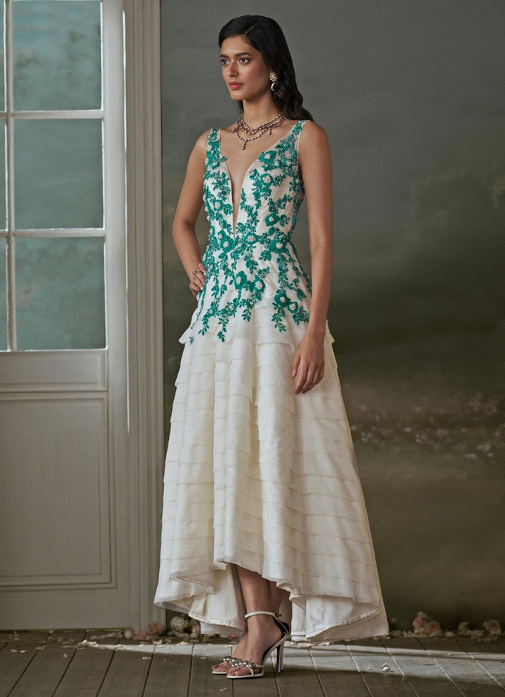 Ivory Organza Layered Assymetrical Dress Nitika Gujral - Fabilicious Fashion