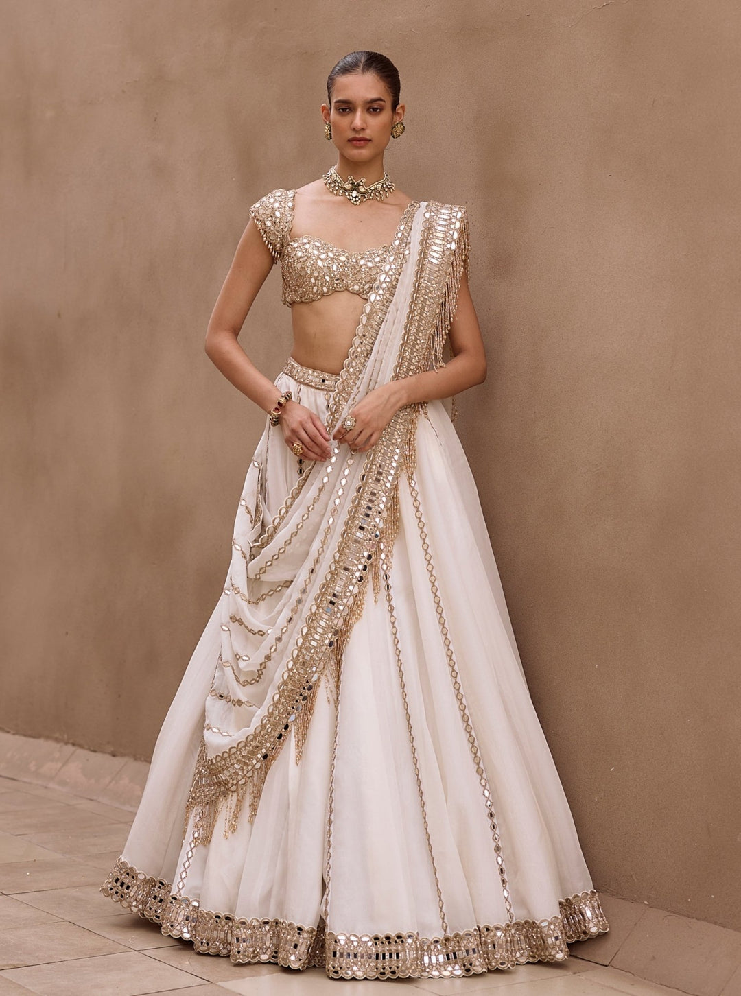Vvani by Vani Vats Ivory Organza Linear LehengaFabilicious Fashion