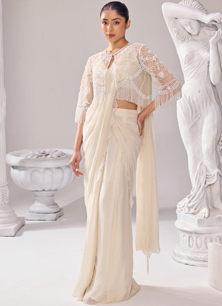 Ivory Organza Predraped Saree With Jacket Jade by Ashima - Fabilicious Fashion