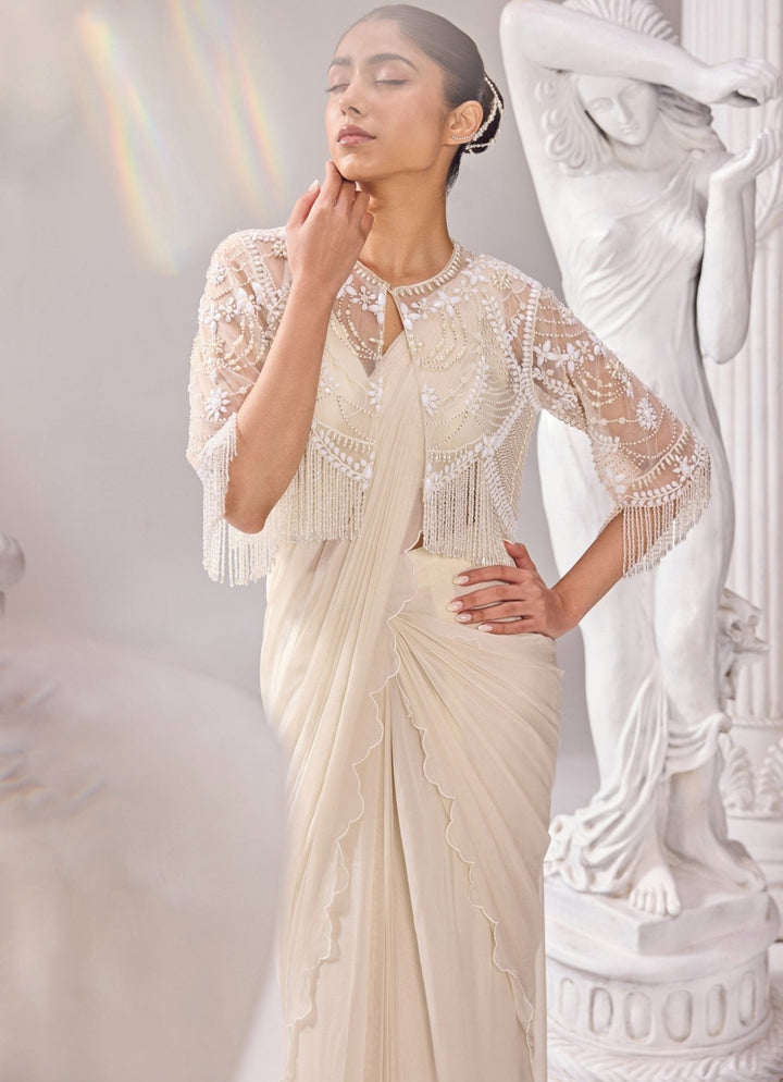 Ivory Organza Predraped Saree With Jacket Jade by Ashima - Fabilicious Fashion