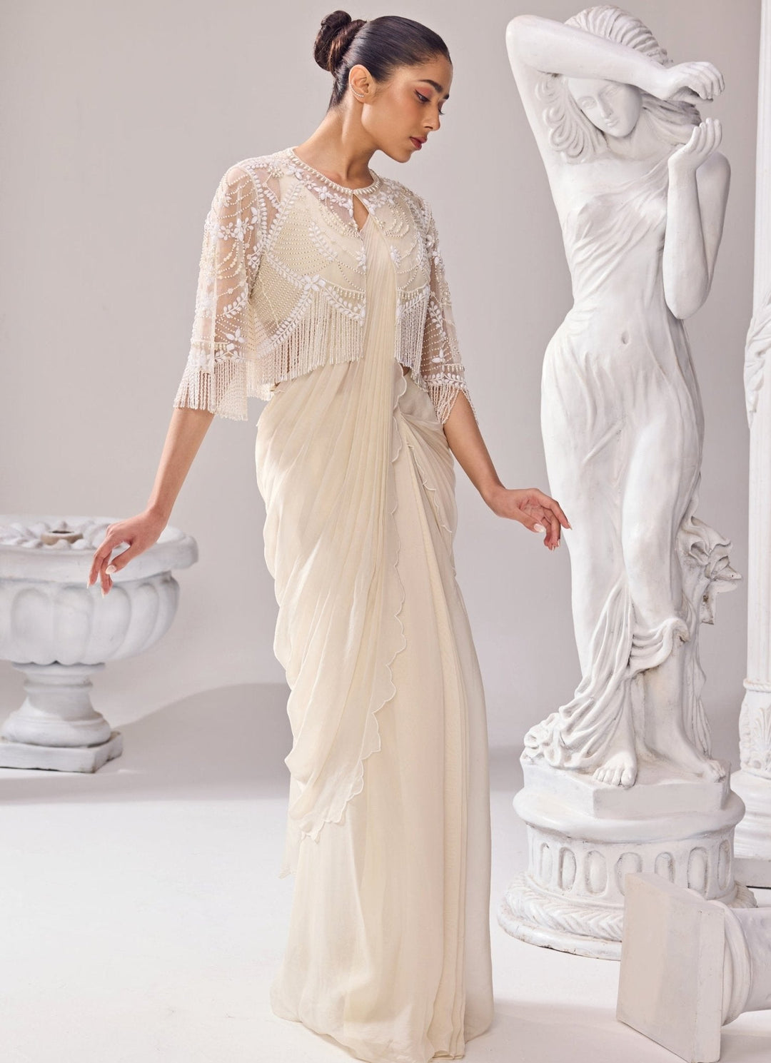Ivory Organza Predraped Saree With Jacket Jade by Ashima - Fabilicious Fashion