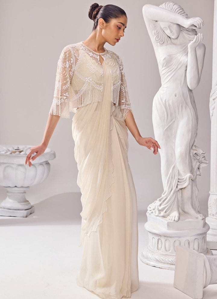 Ivory Organza Predraped Saree With Jacket Jade by Ashima - Fabilicious Fashion