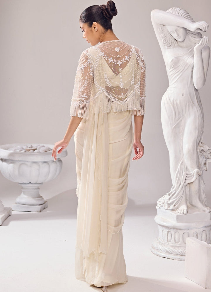 Ivory Organza Predraped Saree With Jacket Jade by Ashima - Fabilicious Fashion
