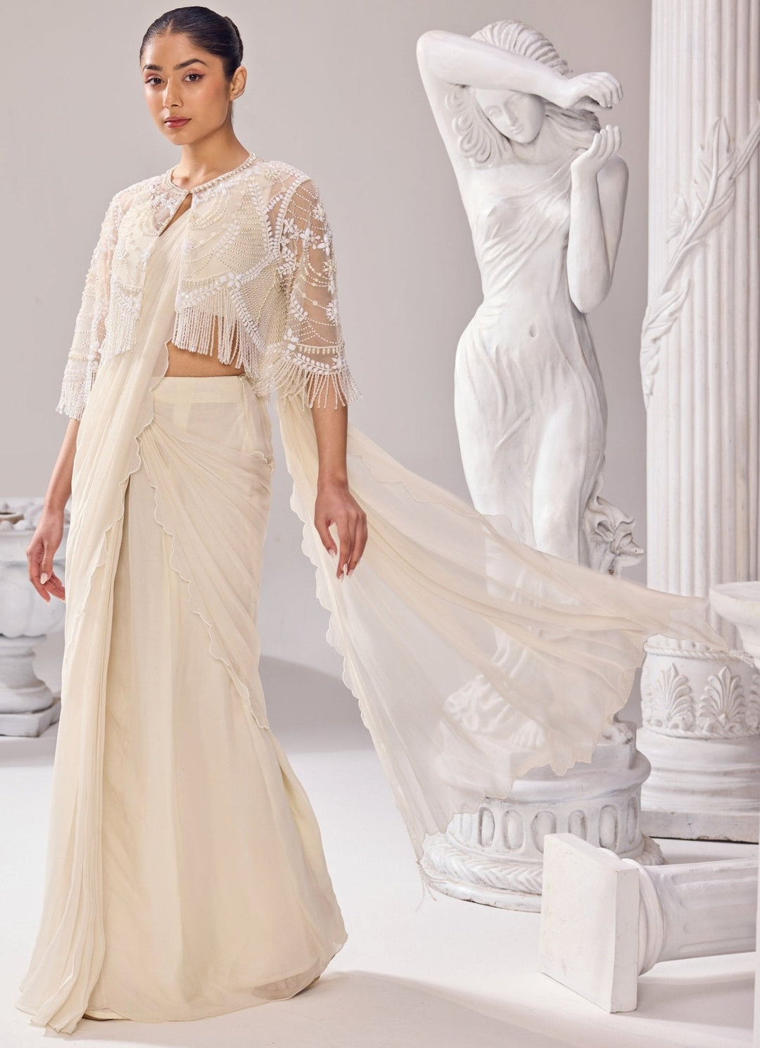 Ivory Organza Predraped Saree With Jacket Jade by Ashima - Fabilicious Fashion