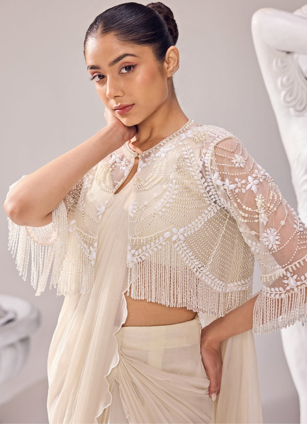 Ivory Organza Predraped Saree With Jacket Jade by Ashima - Fabilicious Fashion