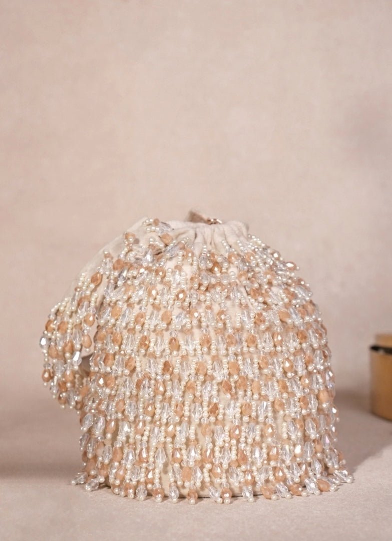 Ivory Pastel Suede Embellished Bucket Bag House of Kosha - Fabilicious Fashion