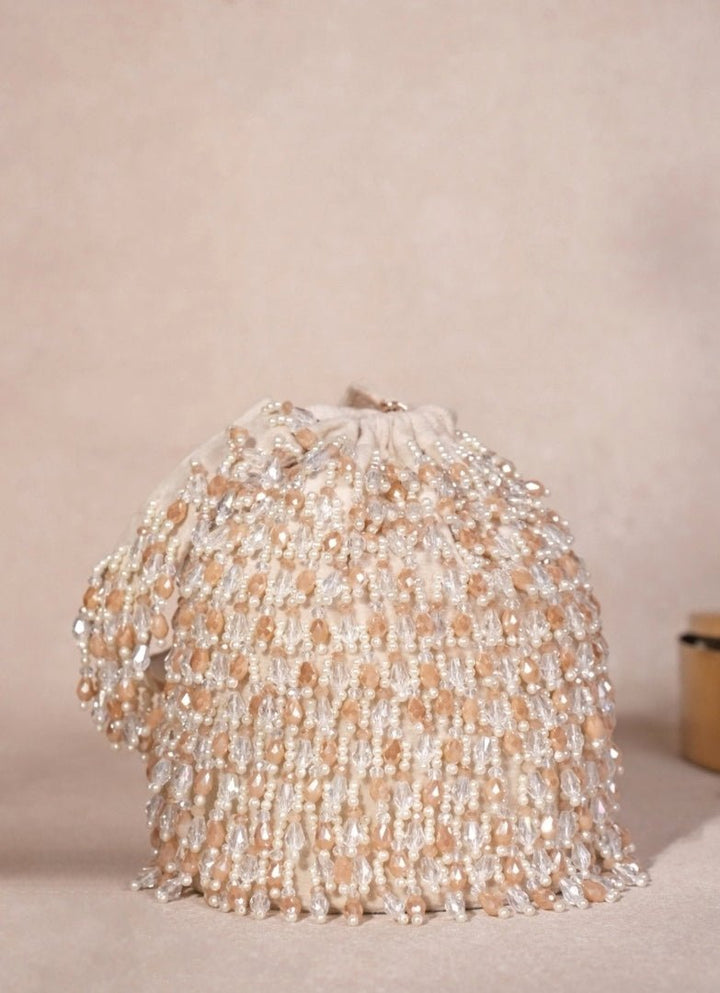 Ivory Pastel Suede Embellished Bucket Bag House of Kosha - Fabilicious Fashion