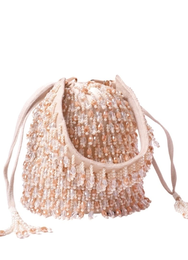 Ivory Pastel Suede Embellished Bucket Bag House of Kosha - Fabilicious Fashion