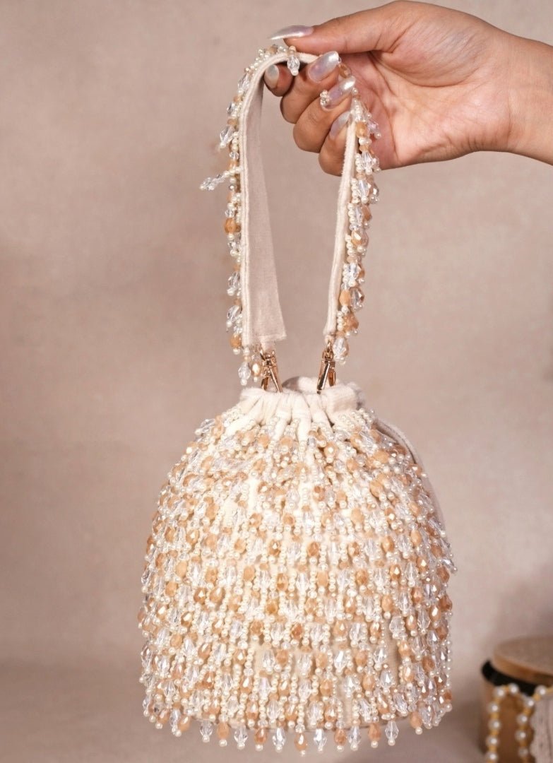 Ivory Pastel Suede Embellished Bucket Bag House of Kosha - Fabilicious Fashion