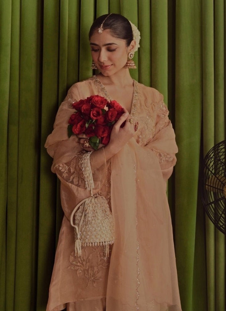 Ivory Pastel Suede Embellished Bucket Bag House of Kosha - Fabilicious Fashion