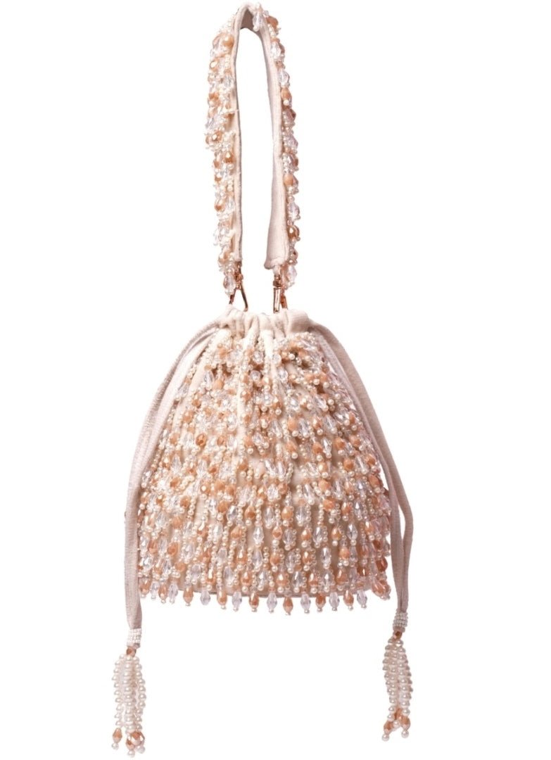 Ivory Pastel Suede Embellished Bucket Bag House of Kosha - Fabilicious Fashion