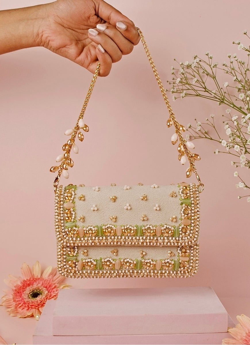 Ivory & Pastel Suede Embellished Clutch House of Kosha - Fabilicious Fashion