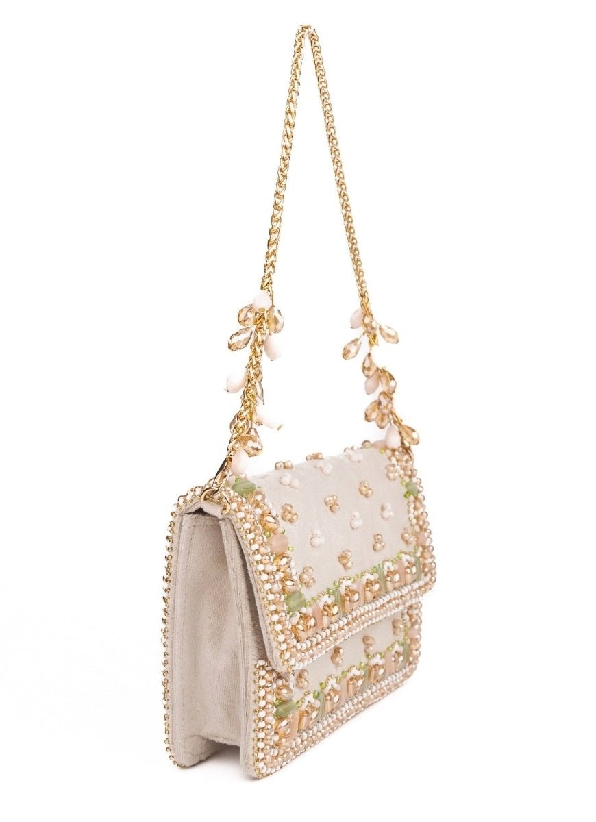 Ivory &amp; Pastel Suede Embellished Clutch House of Kosha - Fabilicious Fashion
