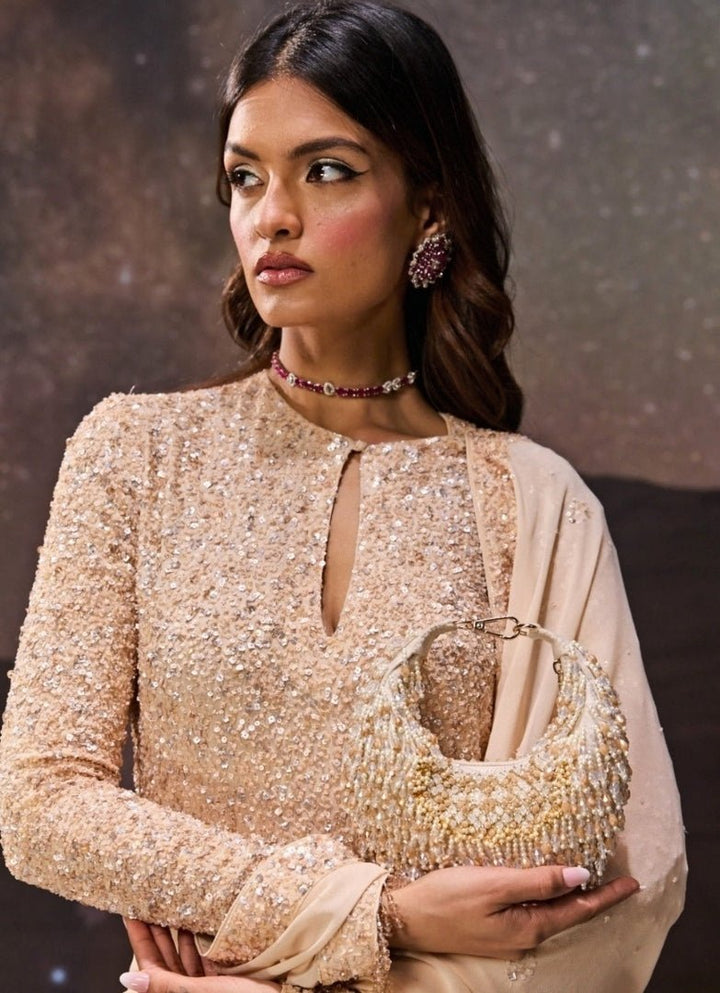 Ivory Pastel Suede Embellished Hobo Bag House of Kosha - Fabilicious Fashion