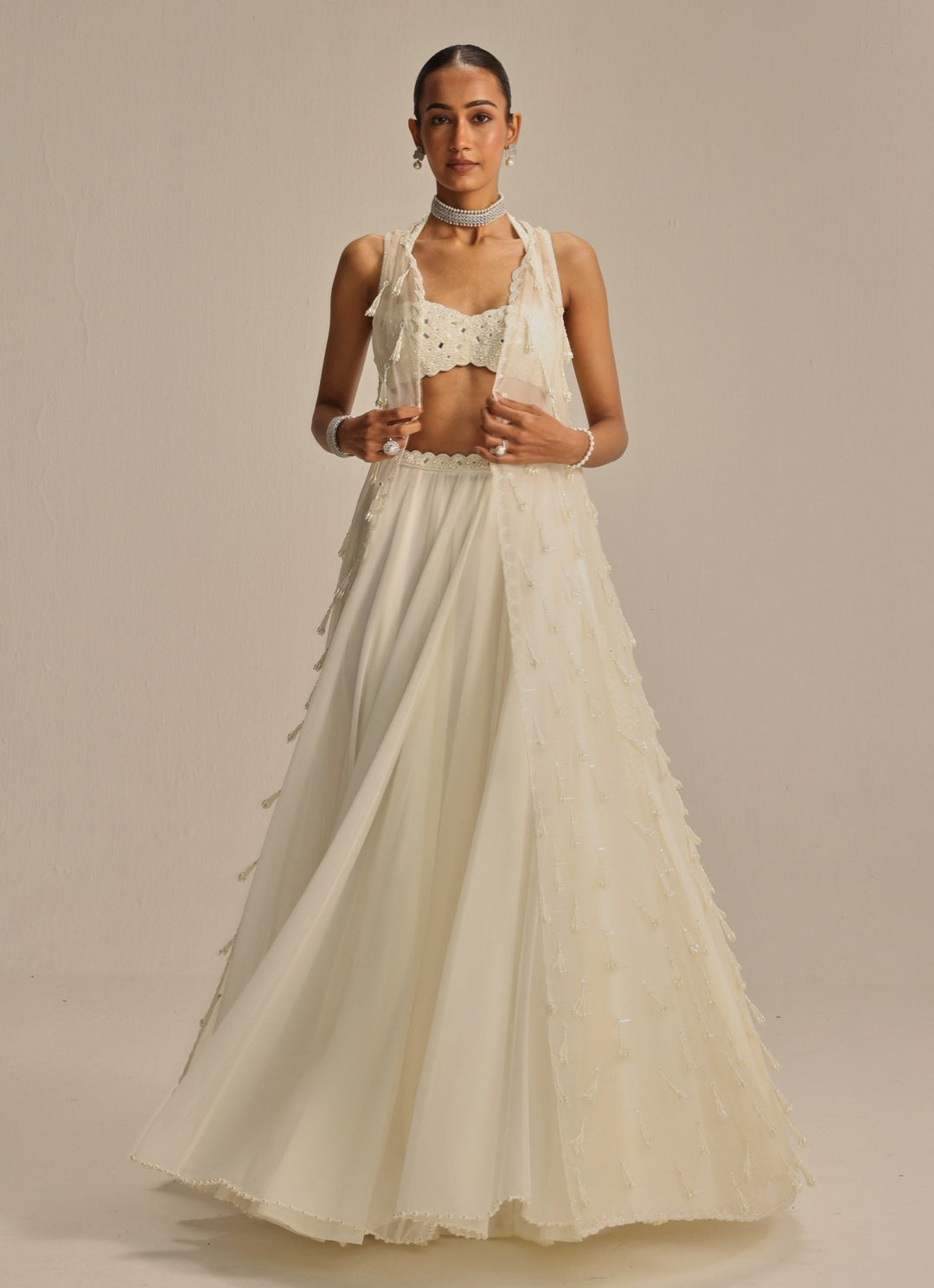 Ivory Pearl And Mirror Embroidered Jacket Lehenga Set Vvani by Vani Vats - Fabilicious Fashion