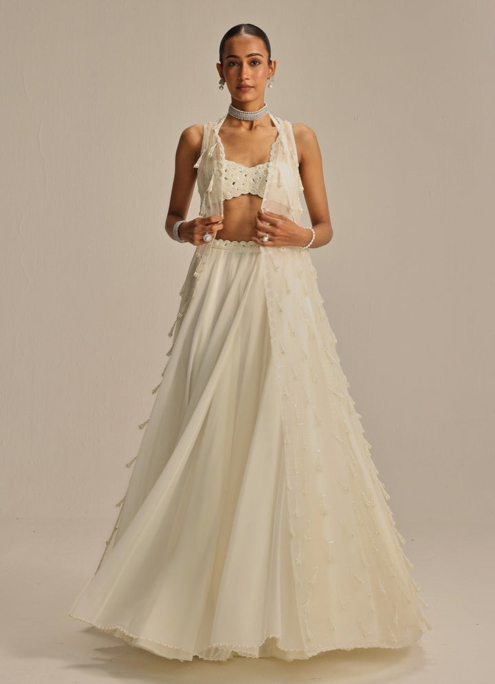 Ivory Pearl And Mirror Embroidered Jacket Lehenga Set Vvani by Vani Vats - Fabilicious Fashion