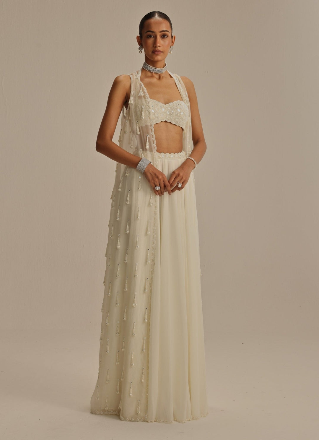 Ivory Pearl And Mirror Embroidered Jacket Lehenga Set Vvani by Vani Vats - Fabilicious Fashion