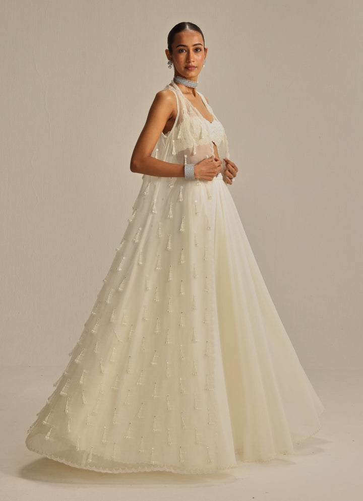 Ivory Pearl And Mirror Embroidered Jacket Lehenga Set Vvani by Vani Vats - Fabilicious Fashion