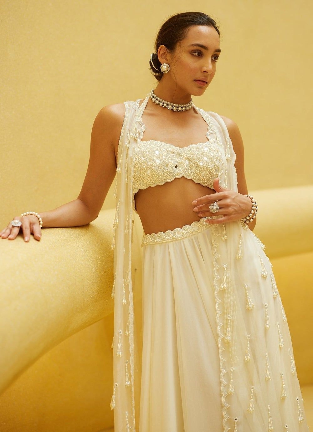 Ivory Pearl And Mirror Embroidered Jacket Lehenga Set Vvani by Vani Vats - Fabilicious Fashion
