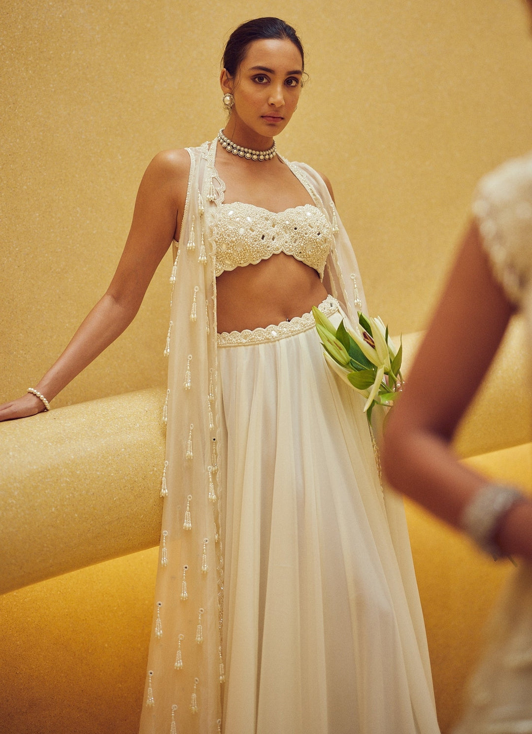 Ivory Pearl And Mirror Embroidered Jacket Lehenga Set Vvani by Vani Vats - Fabilicious Fashion