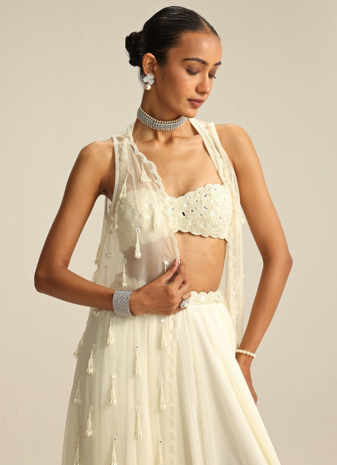 Ivory Pearl And Mirror Embroidered Jacket Lehenga Set Vvani by Vani Vats - Fabilicious Fashion