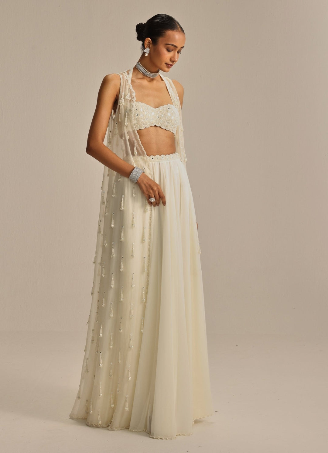 Ivory Pearl And Mirror Embroidered Jacket Lehenga Set Vvani by Vani Vats - Fabilicious Fashion