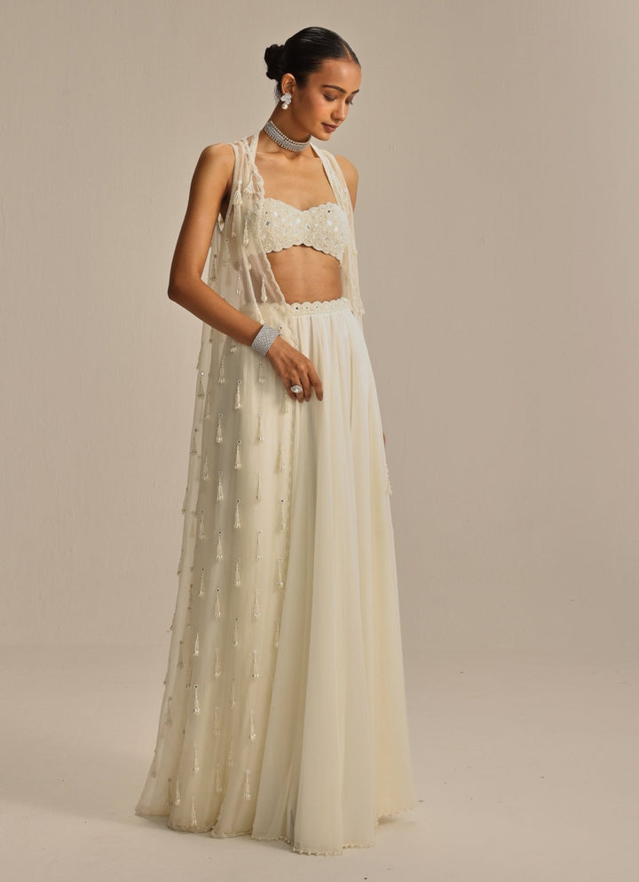 Ivory Pearl And Mirror Embroidered Jacket Lehenga Set Vvani by Vani Vats - Fabilicious Fashion