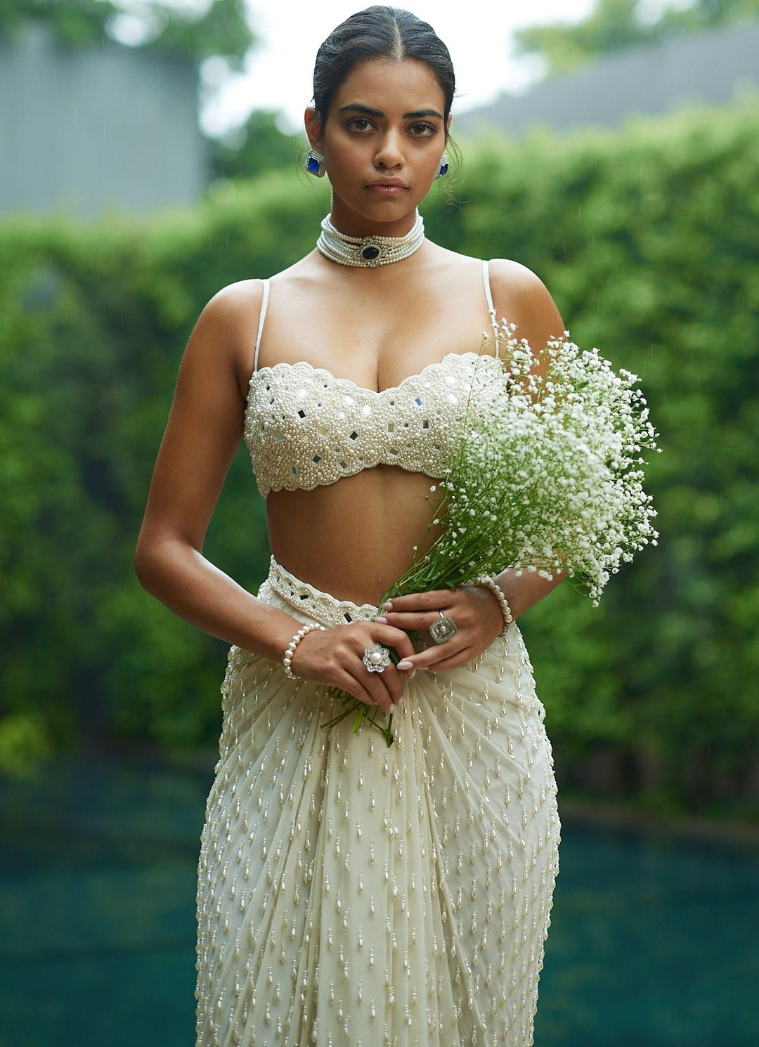 Ivory Pearl Embroidered Drape Skirt Set With Tassels Vvani by Vani Vats - Fabilicious Fashion