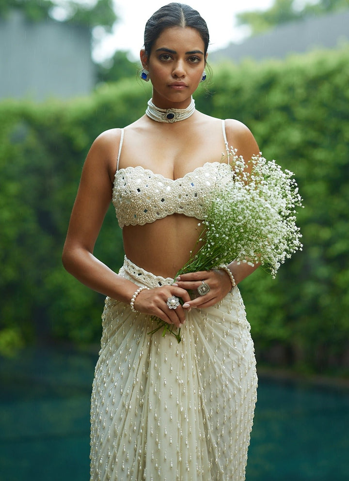 Ivory Pearl Embroidered Drape Skirt Set With Tassels Vvani by Vani Vats - Fabilicious Fashion