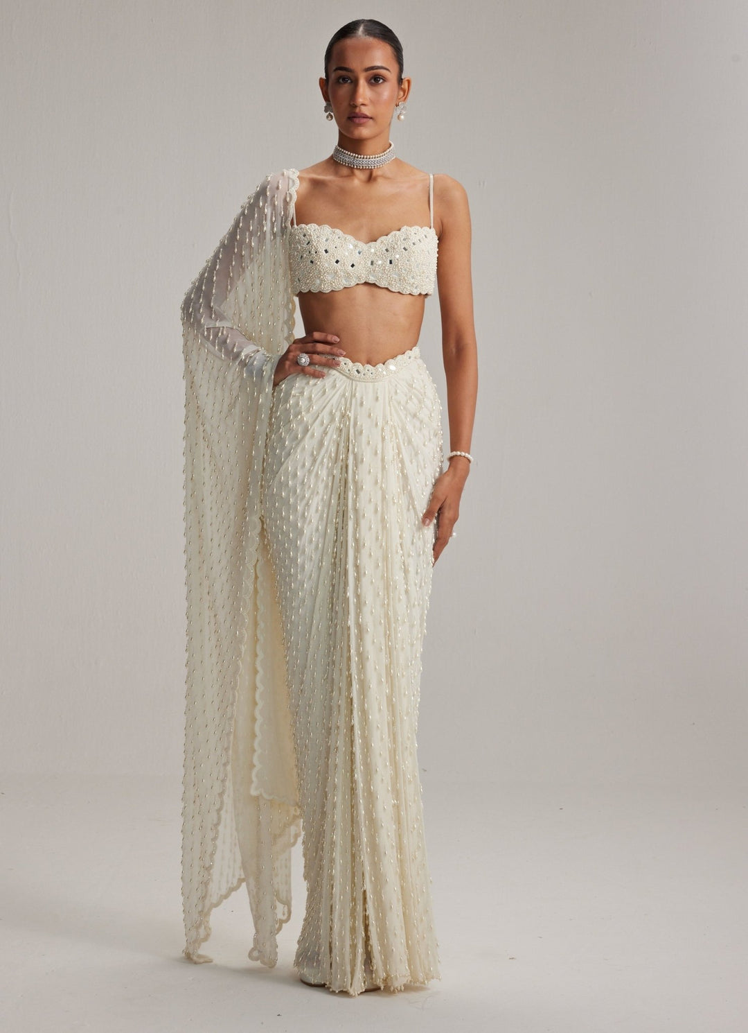 Ivory Pearl Embroidered Drape Skirt Set With Tassels Vvani by Vani Vats - Fabilicious Fashion