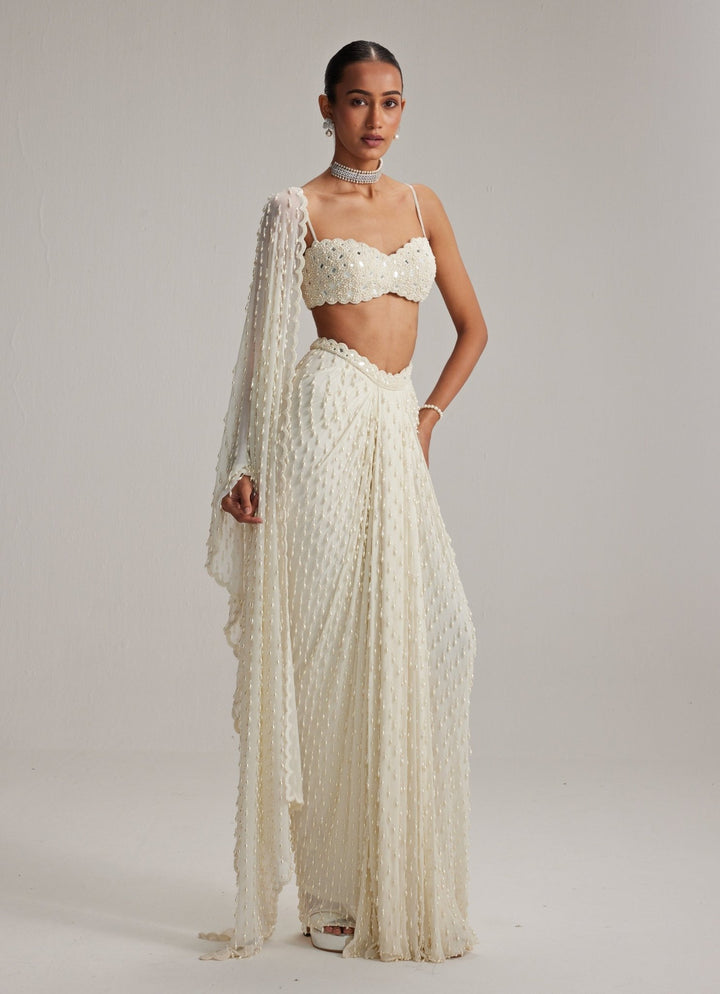 Ivory Pearl Embroidered Drape Skirt Set With Tassels Vvani by Vani Vats - Fabilicious Fashion