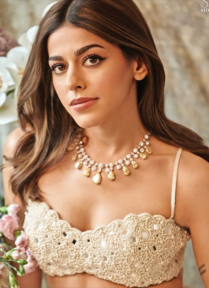 Ivory Pearl Embroidered Drape Skirt Set With Tassels Vvani by Vani Vats - Fabilicious Fashion