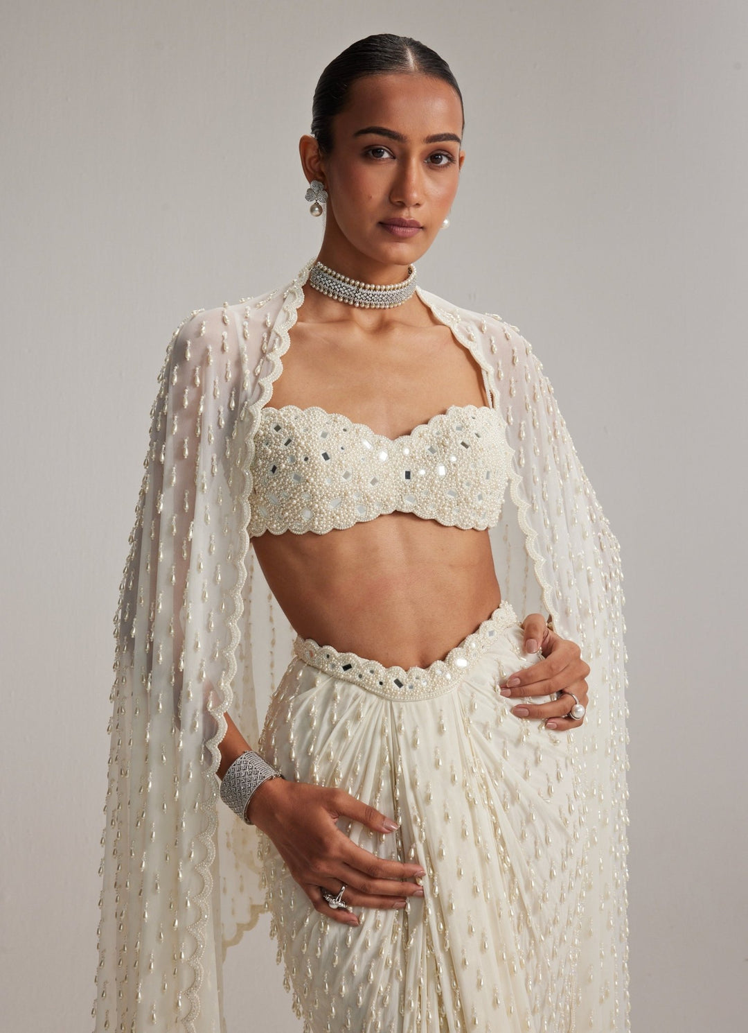 Ivory Pearl Embroidered Drape Skirt Set With Tassels Vvani by Vani Vats - Fabilicious Fashion