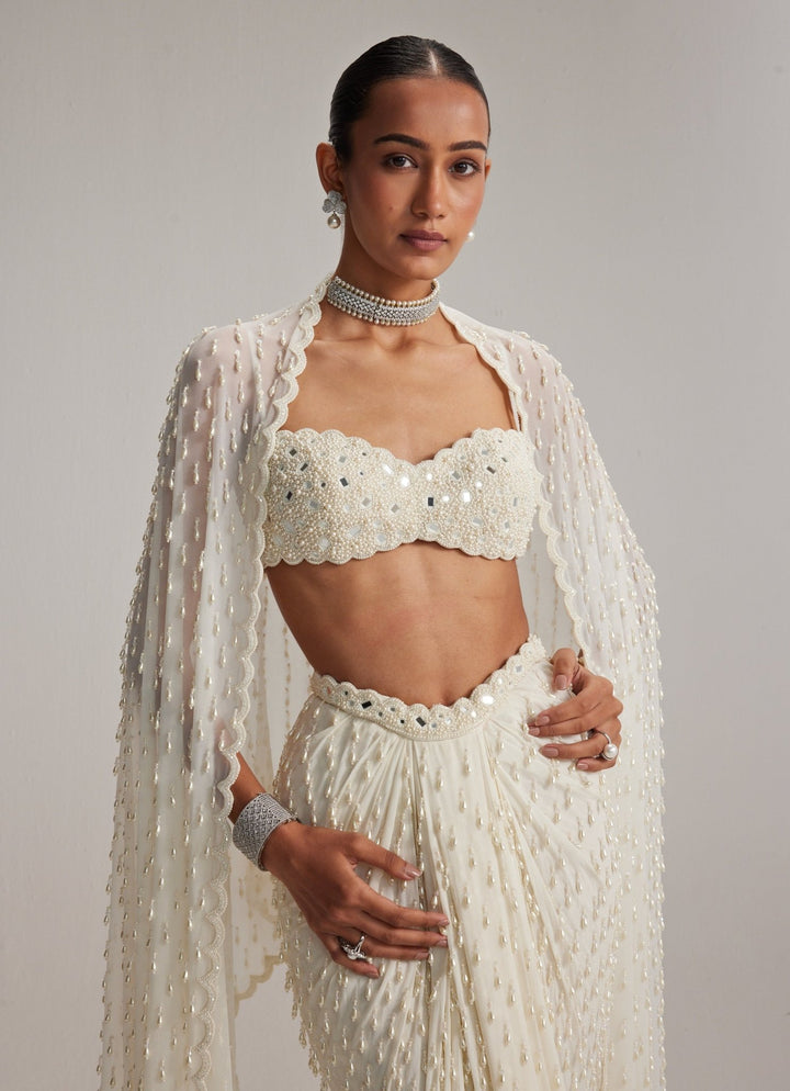 Ivory Pearl Embroidered Drape Skirt Set With Tassels Vvani by Vani Vats - Fabilicious Fashion