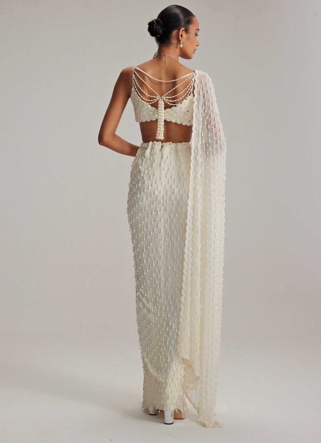 Ivory Pearl Embroidered Drape Skirt Set With Tassels Vvani by Vani Vats - Fabilicious Fashion