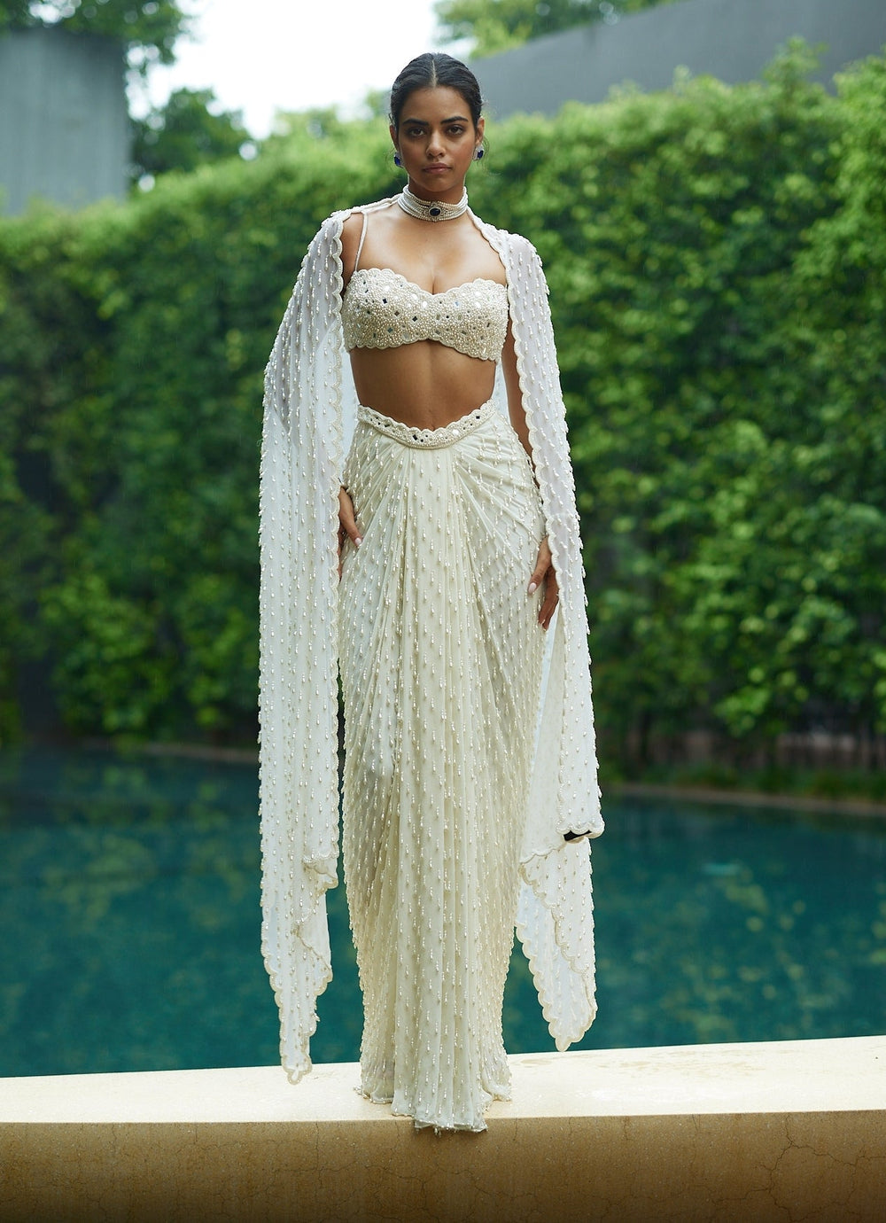 Ivory Pearl Embroidered Drape Skirt Set With Tassels Vvani by Vani Vats - Fabilicious Fashion