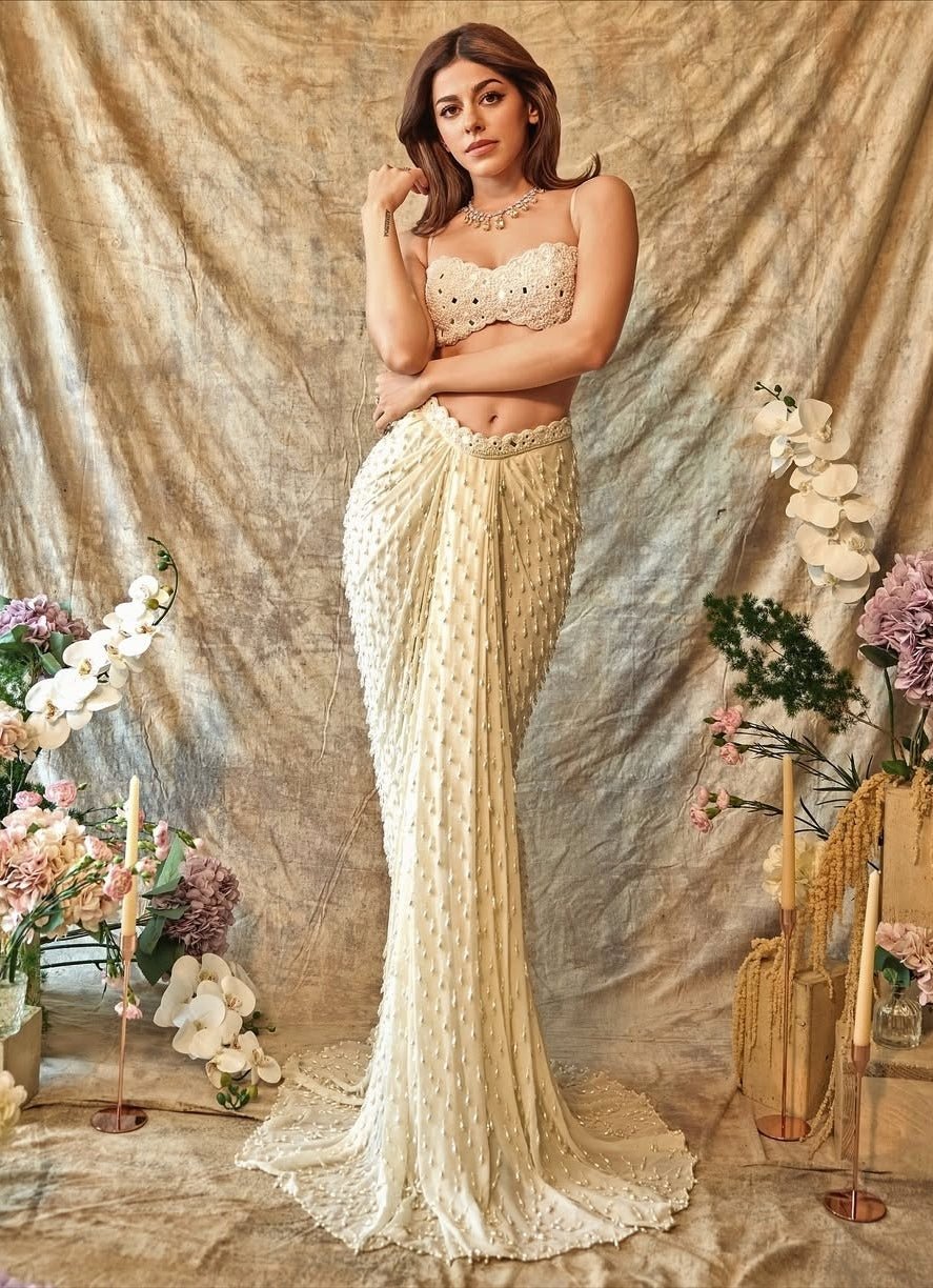 Ivory Pearl Embroidered Drape Skirt Set With Tassels Vvani by Vani Vats - Fabilicious Fashion