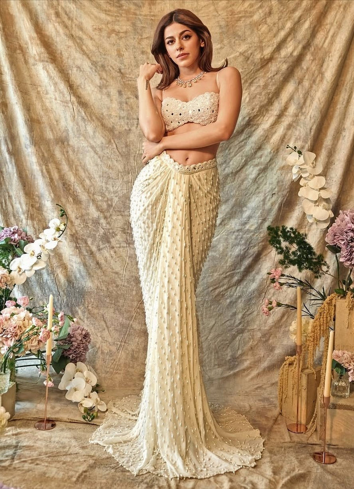 Ivory Pearl Embroidered Drape Skirt Set With Tassels Vvani by Vani Vats - Fabilicious Fashion