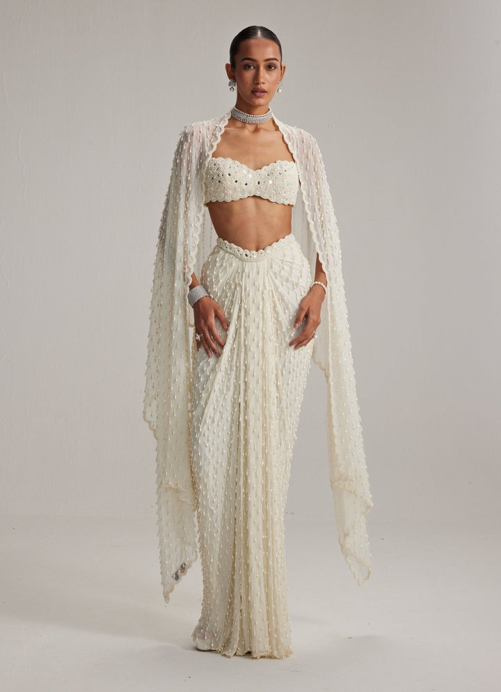 Ivory Pearl Embroidered Drape Skirt Set With Tassels Vvani by Vani Vats - Fabilicious Fashion