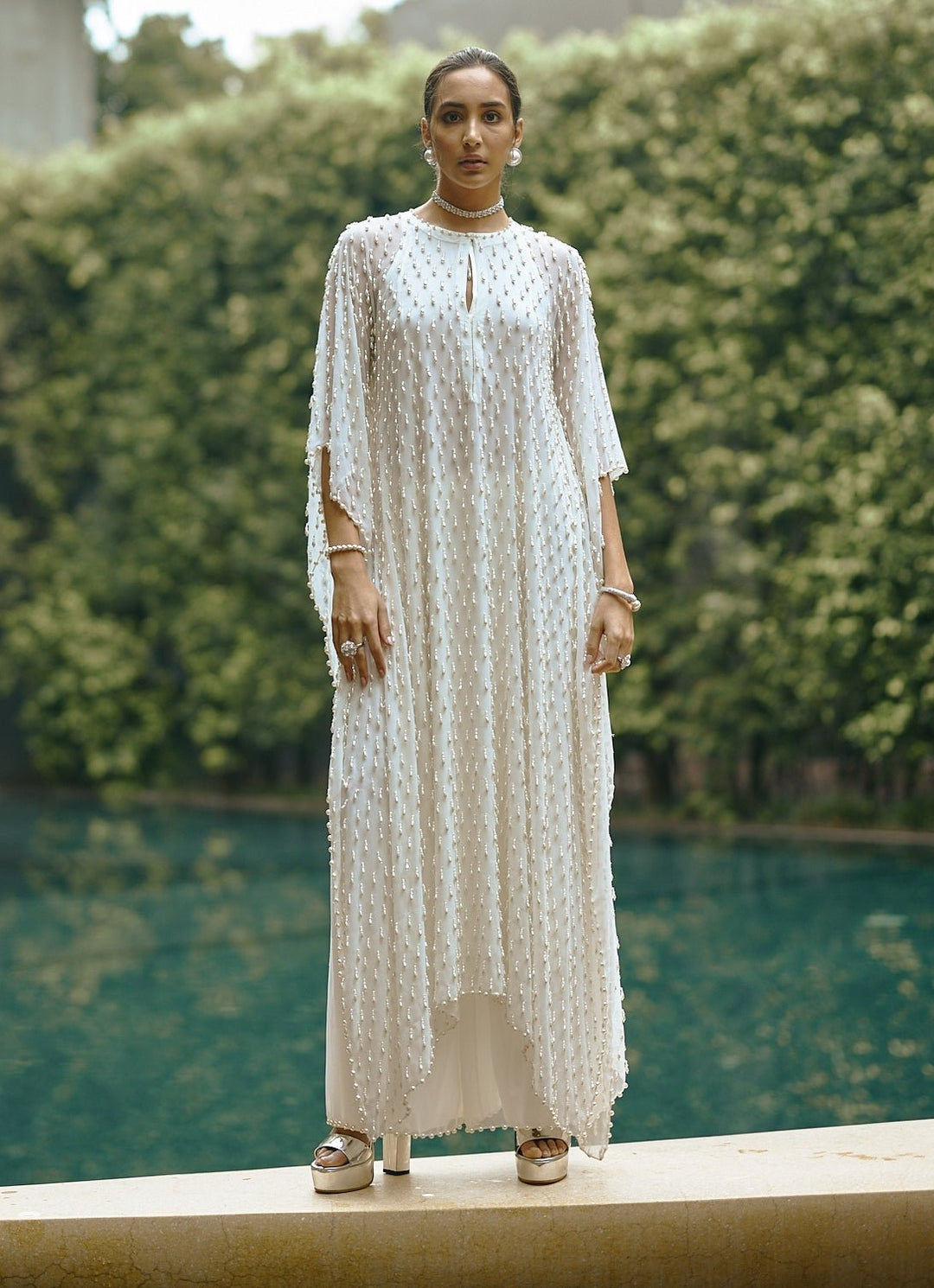 Ivory Pearl Embroidered Georgette Kaftan Kurta With Pants Vvani by Vani Vats - Fabilicious Fashion