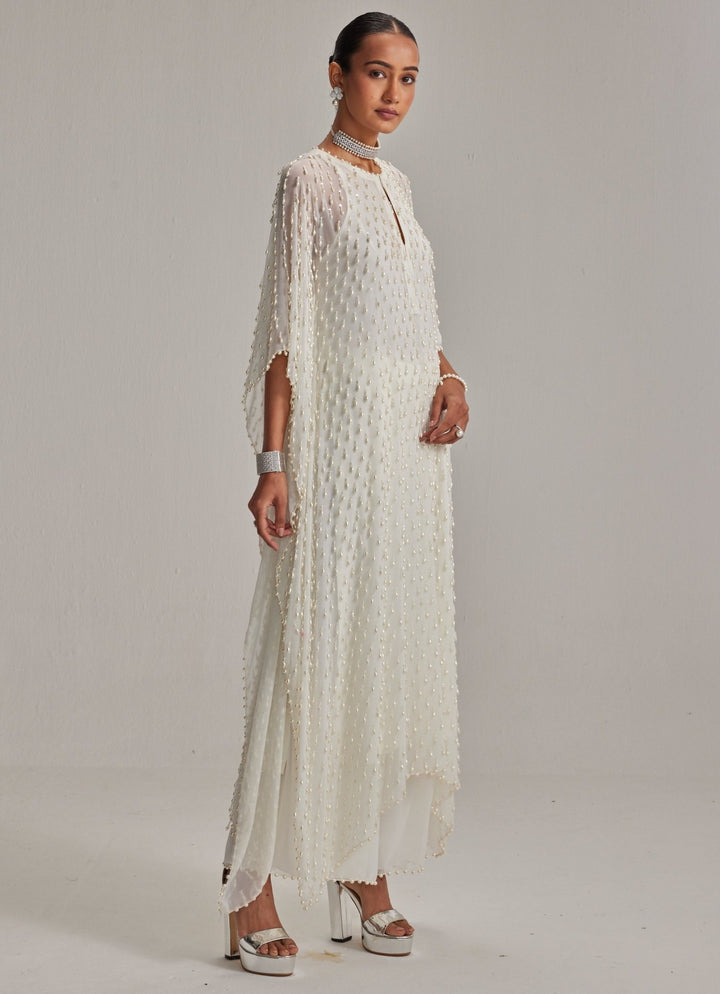 Ivory Pearl Embroidered Georgette Kaftan Kurta With Pants Vvani by Vani Vats - Fabilicious Fashion