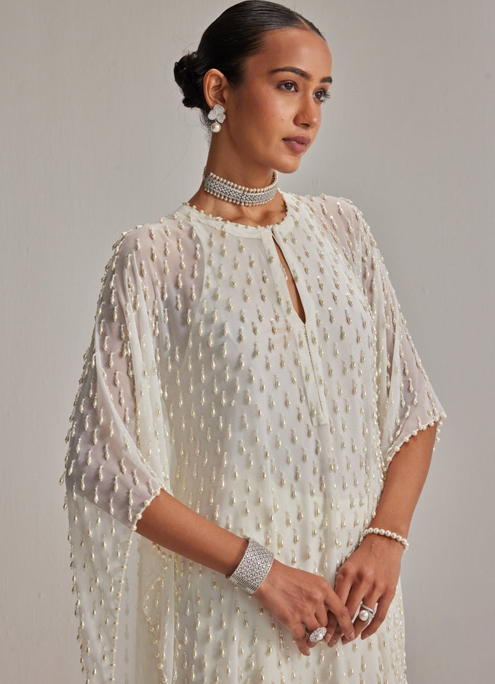Ivory Pearl Embroidered Georgette Kaftan Kurta With Pants Vvani by Vani Vats - Fabilicious Fashion