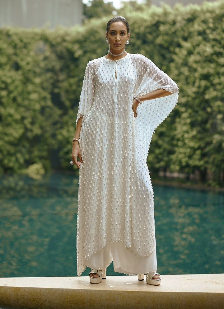 Ivory Pearl Embroidered Georgette Kaftan Kurta With Pants Vvani by Vani Vats - Fabilicious Fashion